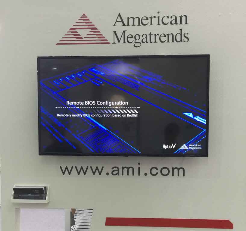 Close up of AMI booth showing tv