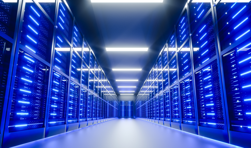 long hallway of data center racks